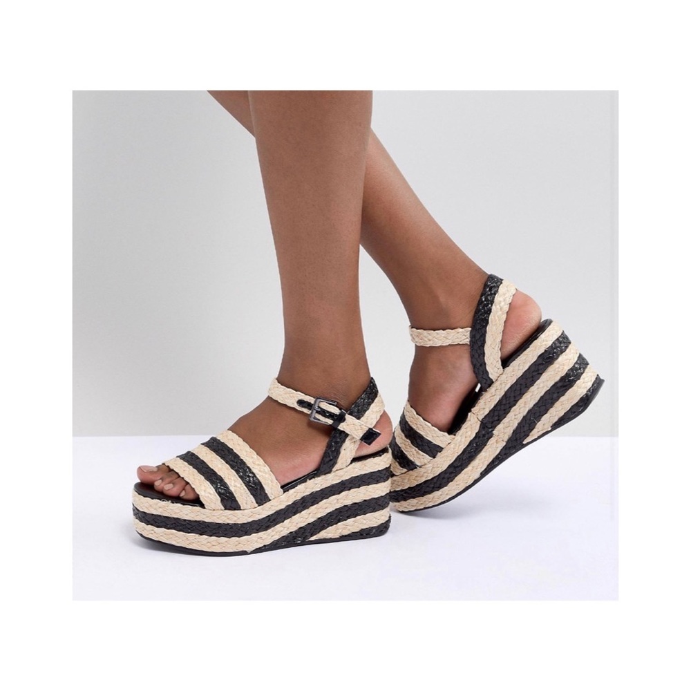 Sixtyseven Black and Natural Striped Platform Espadrille Sandals